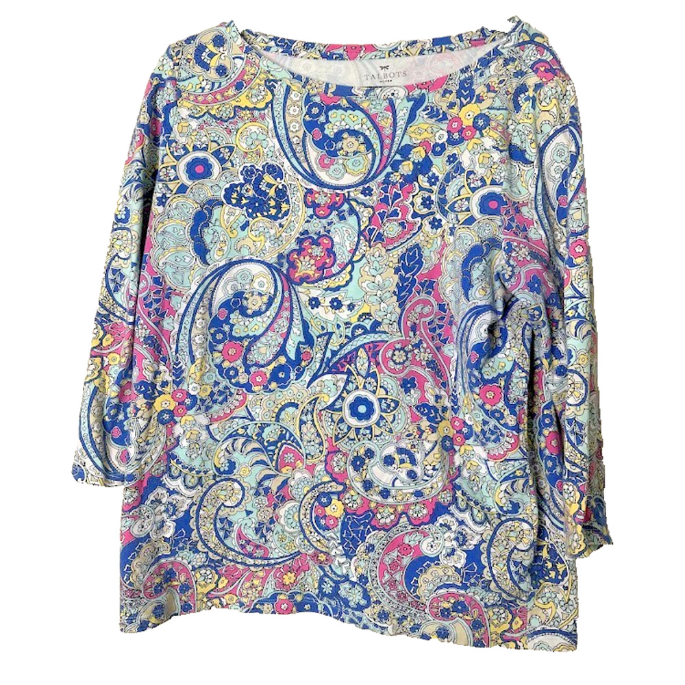Talbots Top Womens‎ 1X Colorful Paisley Cotton Stretch 3/4 Sleeve Beach Office